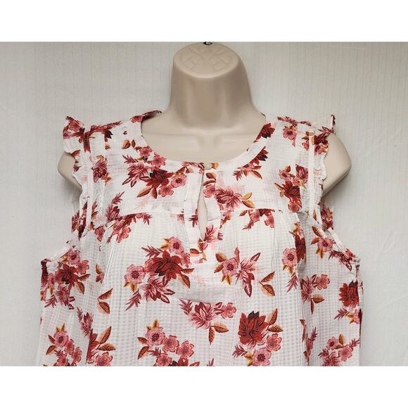 Loft Zinnia Ruffle Sleeve Split Neck Shell Red/Cream Size Large - Picture 8 of 10